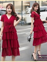 เดรสคลุมท้องแฟชั่น ผ้าตาข่ายมีซับใน มีเชือกผูก ใส่สวยดูหรูสไตล์เกาหลี ฟรุ้งฟริ้งสวยงามมาก M L XL XXL