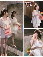 ชุดเสื้อคลุมท้อง+กางเกงขาสั้น สไตล์เกาหลี แขนตุ๊กตา ผ้าย่นนูน น่ารักมากๆ กางเกงปรับไซส์ได้ มีกระเป๋าข้าง M,L,XL,XXL