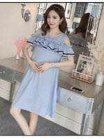 เดรสคลุมท้องแฟชั่นเปิดไหล่ ทำระบายช่วงอก รอบท้องใหญ่ใส่ได้ถึงคลอด มีซับใน M L XL,XXL