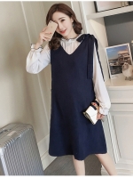 ชุดคลุมท้องแฟชั่นแขนยาว เดรสสไตล์เอี๊ยม ชุดเย็บติดกันผูกโบว์ที่ไหล่ ใส่ได้หลายโอกาส M L XL XXL