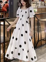 เดรสคลุมท้องแฟชั่นผ้าชีฟอง ช่วงอกสม๊อค แขนตุ๊กตา ด้านหลังผูกโบว์ น่ารักมากค่ะ M L XL XXL