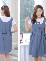 ชุดคลุมท้องแฟชั่น เอี๊ยมหลอก สีฟ้า มีโบว์น่ารักที่อก กระเป๋าข้างและเชือกปรับขนาด L,XL,2XL