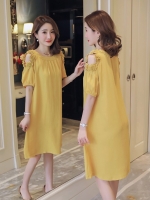 เดรสคลุมท้องแฟชั่นเปิดแขน ประดับด้วยดอกไม้ ผ้าฝ้าย ผ้าเบาสบาย M L XL,XXL