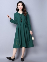 เดรสคลุมท้องแฟชันแขนยาว ผ้าลินิน เนื้อดี ใส่สบายไม่ร้อน มีกระเป๋าข้าง ด้านล่างปักลายนกบิน แต่งกระดุม M L XL,XXL