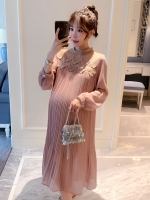 เดรสคลุมท้องแฟชั่นแขนยาว ผ้าชีฟอง คอลูกไม้ ช่วงไหล่ซีทรู พรีททั้งชุด มีซับใน M L XL,XXL