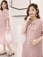 เดรสคลุมท้องแฟชั่น ผ้าชีฟอง พรีท มีซับใน ผูกโบว์ที่คอ น่ารักมากค่ะ M L XL XXL