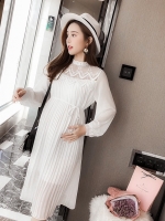 เดรสคลุมท้องแฟชั่นแขนยาว ผ้าชีฟอง คอลูกไม้ ช่วงไหล่ซีทรู พรีททั้งชุด มีซับใน M L XL,XXL