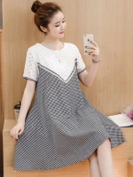 ชุดคลุมท้องแฟชั่น ด้านบนลูกไม้ ลำตัวลายสก๊อต รอบท้องใหญ่ มีเชือกผูกปรับขนาดครรภ์ M,L,XL,XXL