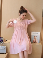 ชุดคลุมท้องแขนยาว ผ้าชีฟอง ปักดอกไม้ช่วงบน แขนตุ๊กตา มีซับใน มีเชือกปรับขนาดครรภ์ M L XL XXL