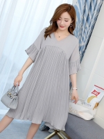 ชุดคลุมท้องแฟชั่นแขนสั้น ระบาย อัดพรีทสวย มีซับในทั้งชุด M L XL XXL 3XL