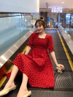 เดรสคลุมท้องแฟชั่น ช่วงอกสม๊อค แขนสั้น เนื้อผ้าทำย่นน่ารัก M L XL XXL