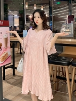 เดรสคลุมท้องแฟชั่นผ้าชีฟอง อัดพรีท ลายจุดน่ารักลงตัว แขนระบาย รอบท้องใหญ่ใสได้ถึงคลอด M L XL XXL