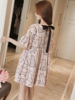 เดรสคลุมท้องแฟชั่นสไตล์เกาหลี ผ้าcotton ลายแมว แขนระบาย ผูกโบว์น่ารักมาก M L XL,XXL
