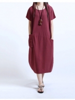 เดรสคนท้องเกาหลี ทรงยาว ใส่สบาย กระเป๋า 2สไตล์ ผ้าฝ้ายบางสบาย M,L,XL,XXL