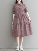 เดรสคลุมท้องแฟชั่น แขนยาว คอปก กระดุมหน้า เปิดให้นมได้ ชุดยาว สวย ใส่ได้คล่องตัว M L XL XXL