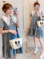 เดรสคลุมท้องแฟชั่น ผ้ายีนส์เนื้อนิ่ม คอปกลูกไม้ฉลุ กระดุมแกะให้นมได้ น่ารักมากค่ะ ใส่ได้ถึงคลอด M L XL XXL