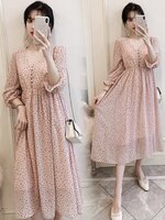 เดรสคลุมท้องแฟชั่น ผ้าชีฟองลายจุด แขน4 ส่วน ทำระบายปลายแขน ผ้านิ่ม มีซับใน ใส่สบายถึงคลอด M L XL XXL