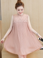 ชุดคลุมท้องแฟชั่นเกาหลีแขนกุด ผ้าชีฟองอัดพรีท ช่วงบนเป็นลูกไม้ซีทรู เรียบหรูน่ารัก M L XL XXL