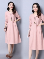 เดรสคลุมท้องแฟชันแขนยาว ผ้าลินิน เนื้อดี ใส่สบายไม่ร้อน มีกระเป๋าข้าง ด้านล่างปักลายนกบิน แต่งกระดุม M L XL,XXL