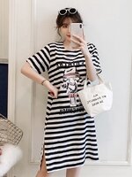 ชุดคลุมท้องแฟชั่นแขนสั้น ลายทาง สไตล์วินเทจ ผ่าข้าง น่ารัก ชิคๆ M L XL XXL