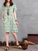 ชุดคนท้อง ผ้าฝ้าย มีกระเป๋าลายใบไม้สีเขียว M,L,XL