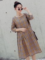 เดรสคลุมท้องสไตล์เกาหลีแขนยาว คอยู ผ้าสวยลายน่ารัก M L XL,XXL