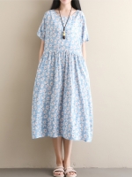 เดรสคลุมท้องแฟชั่น ผ้าลินิน ลายดอกน่ารัก ใส่สบาย มีกระเป๋าข้าง M L XL XXL