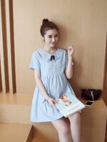 ชุดคลุมท้อง ผ้าฝ้าย สีฟ้า คอบัว เข็มกลัดมุก M,L,XL