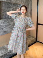 เดรสคลุมท้องแฟชั่นเกาหลี ผ้าฝ้าย ลายดอกวินเทจน่ารัก แขนตุ๊กตา ช่วงท้องระบาย ใส่ได้ถึงคลอด M L XL XXL