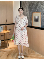 เดรสคลุมท้องแฟชั่น ผ้าชีฟอง ลายจุด มีซับใน ผ้าเนื้อดี ใส่สวย ดีไซน์เก๋ M L XL XXL
