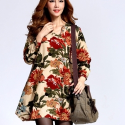 เสื้อผ้าแฟชั่นผู้หญิงพร้อมส่ง : เดรสสีแอปริคอท แต่งลายดอกไม้สีสัน น่ารัก น่ารัก จ้า