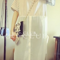 ((พร้อมส่ง)) เสื้อผ้าแฟชั่นผู้หญิง : เดรสสีขาว แต่งลายทางสีดำ น่ารัก น่ารักจ้า