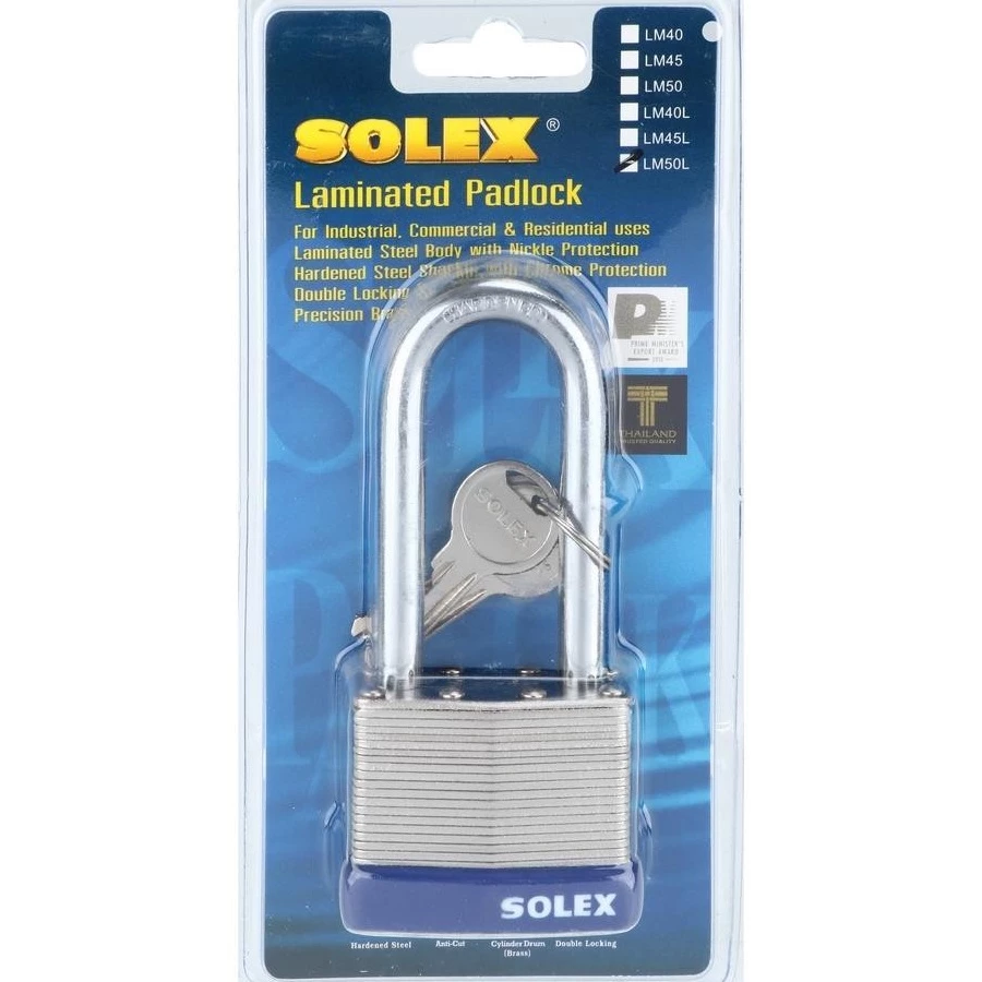 กุญแจสปริง กุญแจแขวน คอยาว SOLEX LAMINATED 50L 50 มม. สเตนเลส แท้ 100 %